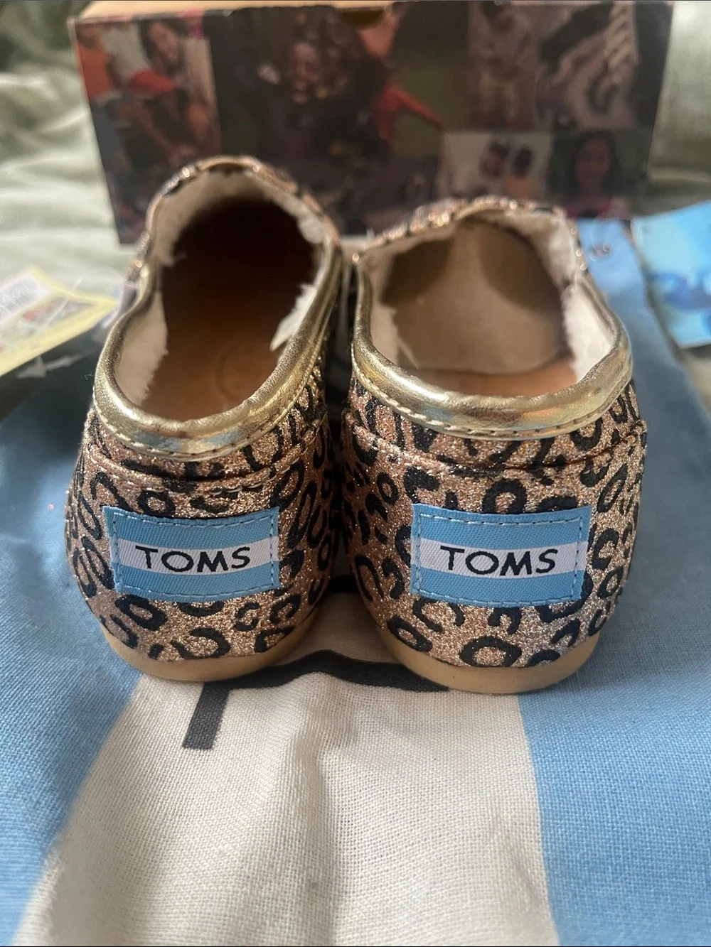 TOMS Kids Leopard Print Slip-On Moccasins - Tan and Black Glitter